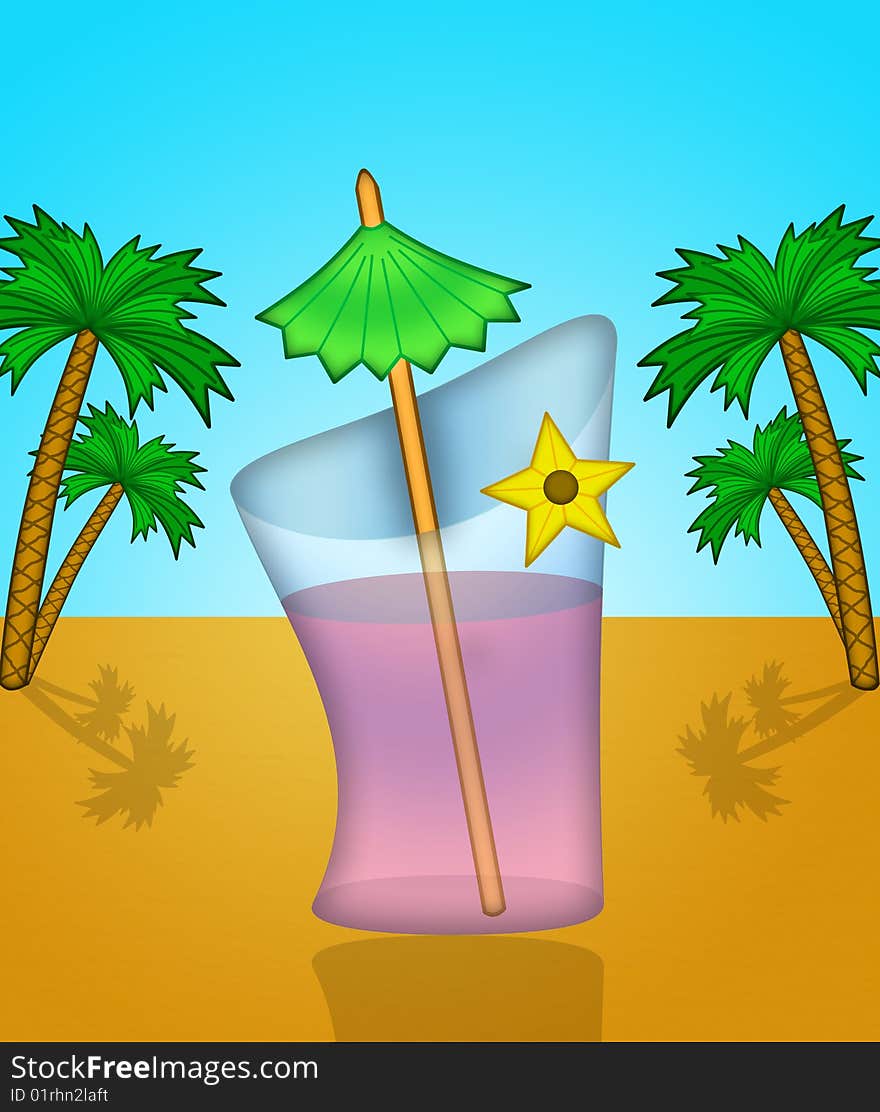 Tropical summer cocktail against the beach background