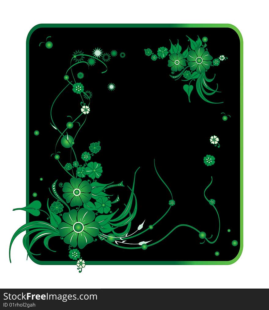 Green floral pattern on a black background. Green floral pattern on a black background