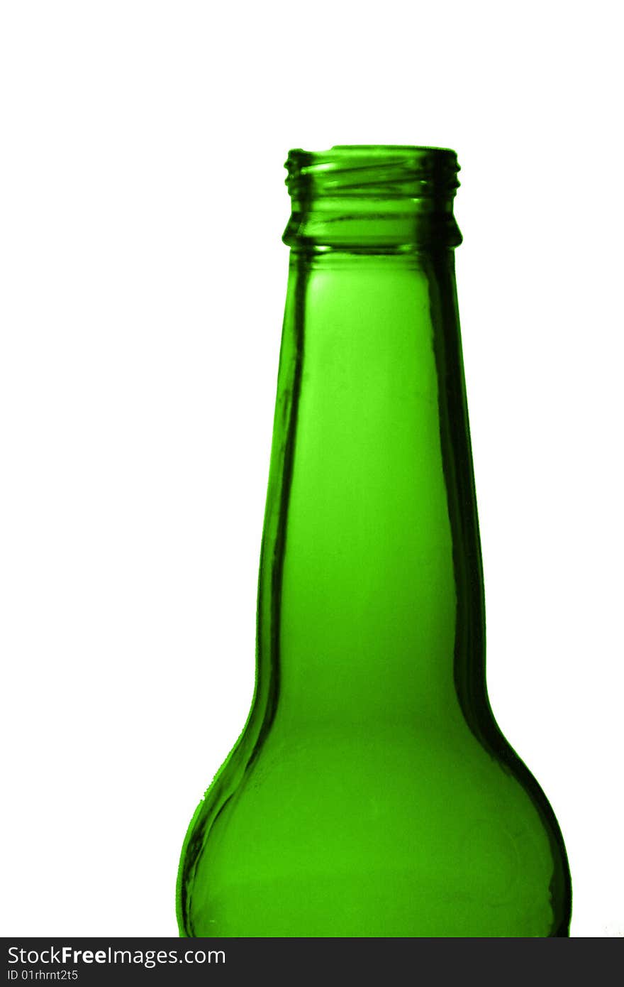 A close up of a beer bottle, green in colour, focussing on the top half of the bottle. A close up of a beer bottle, green in colour, focussing on the top half of the bottle.