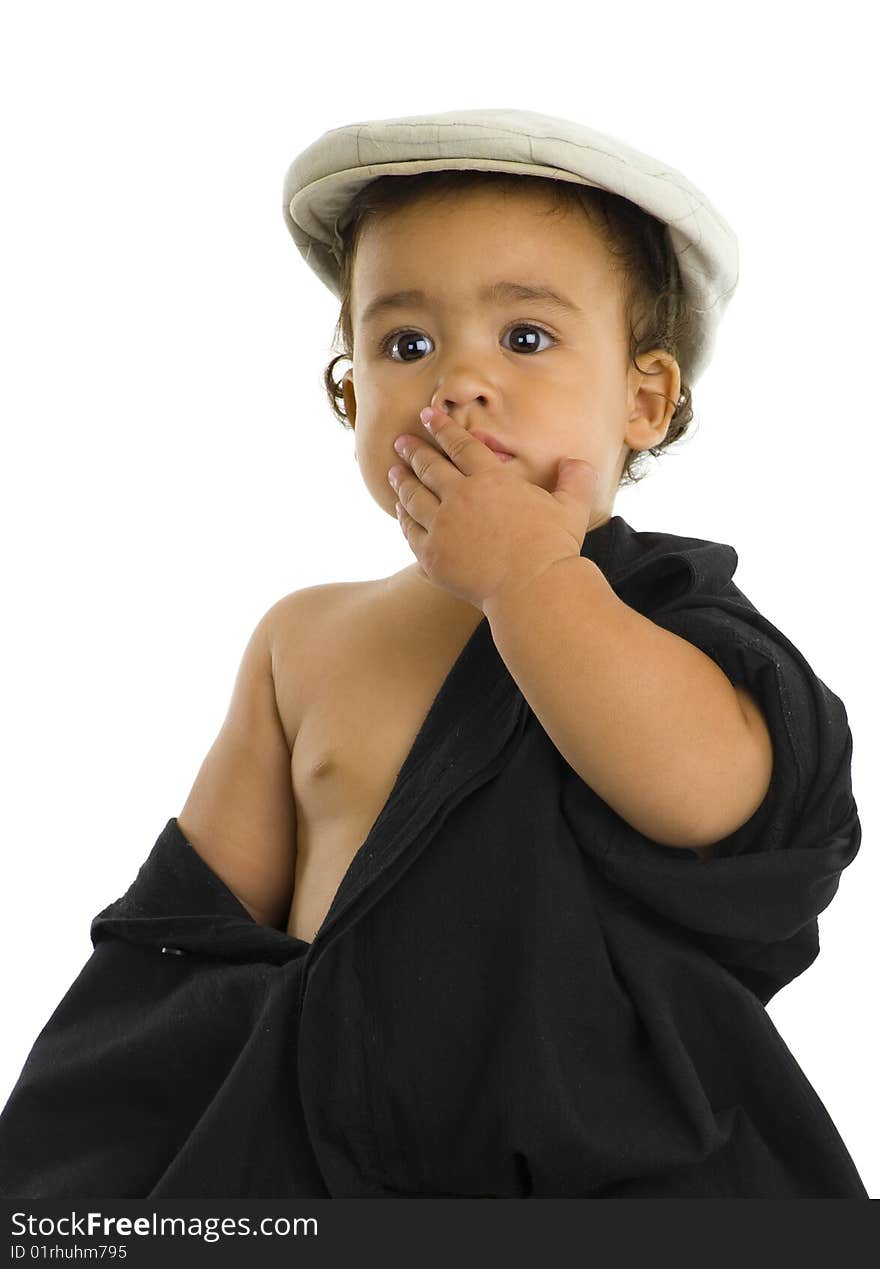 Thai-english baby-girl with huge shirt and hat looking very surprised, isolated on white. Thai-english baby-girl with huge shirt and hat looking very surprised, isolated on white