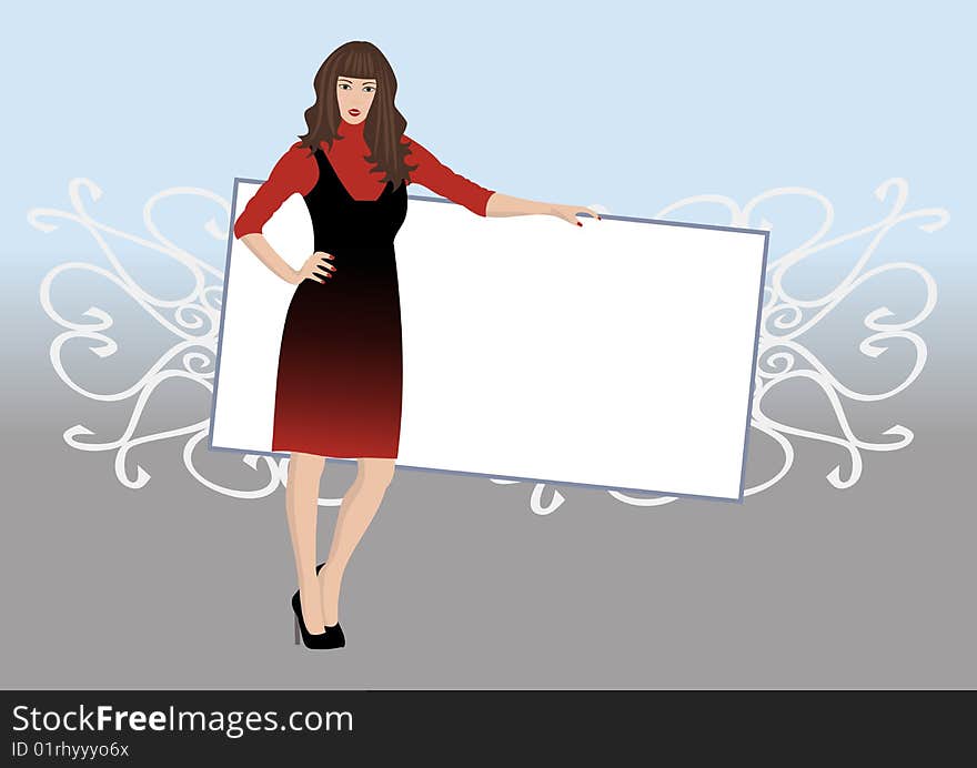 Illustration of a beautiful young woman posing with poster. Illustration of a beautiful young woman posing with poster