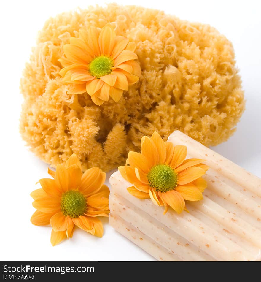 Natural Sponge, Soap And Flowers