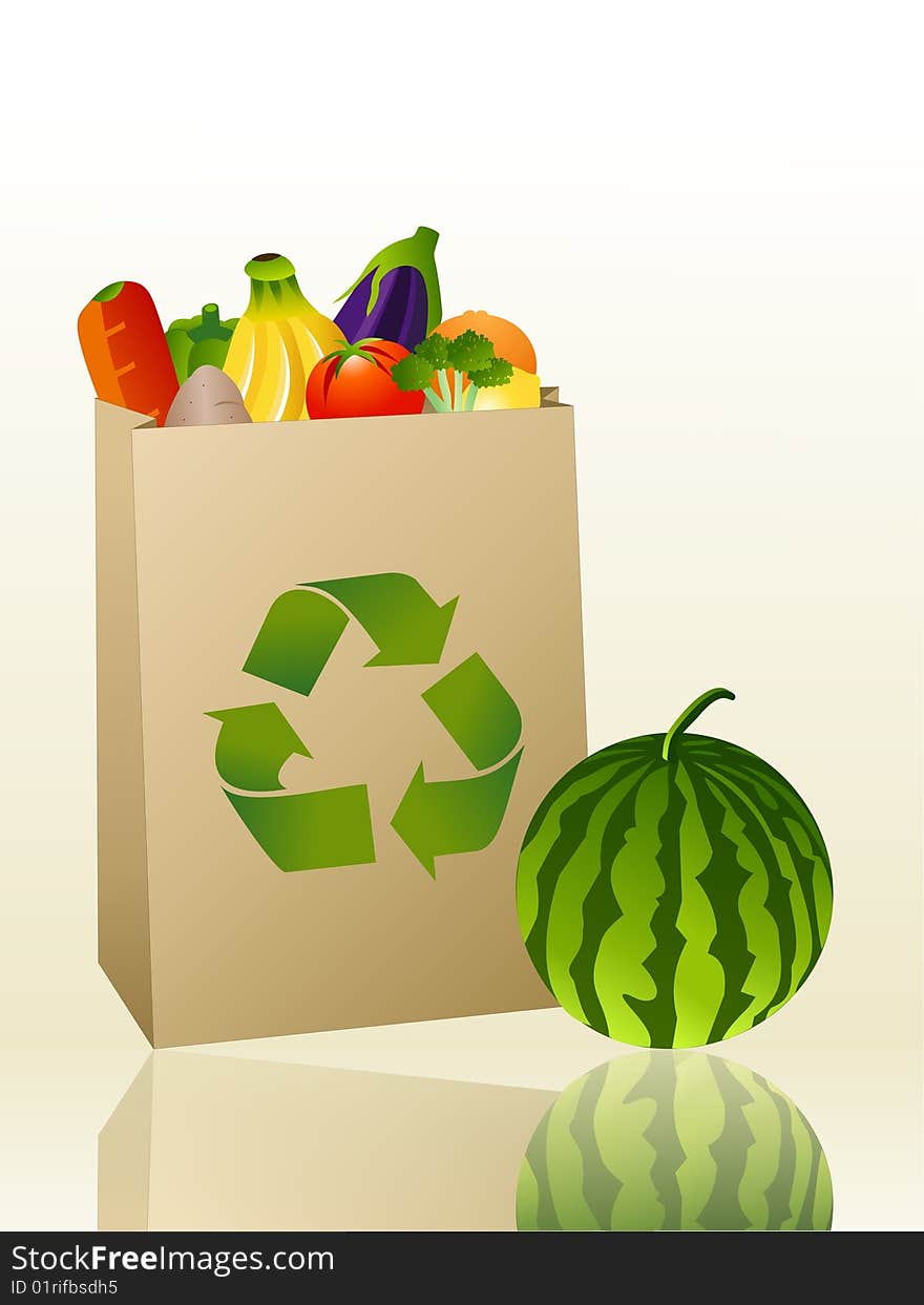 Vector illustration of groceries in a recyclable paper bag. Vector illustration of groceries in a recyclable paper bag