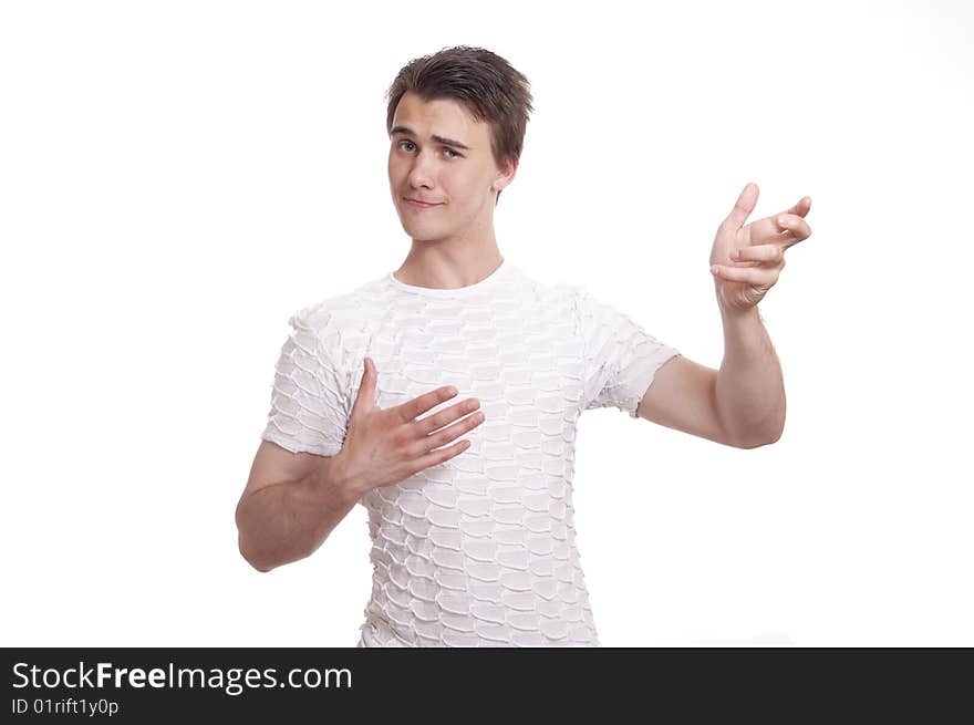 Portrait of amicable young man in white t-shirt. Portrait of amicable young man in white t-shirt