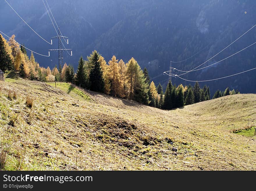 Italy. Two high-voltage power lines flying over a meadow and a forest of larch and spruce. the electricity comes from hydroelectric power plants on the mountain and is used in the great plains industries. Italy. Two high-voltage power lines flying over a meadow and a forest of larch and spruce. the electricity comes from hydroelectric power plants on the mountain and is used in the great plains industries.