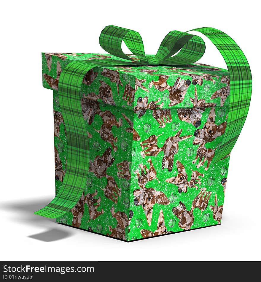 A colorful giftbox with a bow. 3D render with clipping path and shadow over white