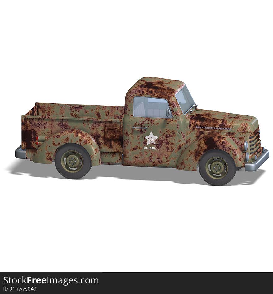 A four wheel open pickup. 3D rendering with clipping path and shadow over white. A four wheel open pickup. 3D rendering with clipping path and shadow over white