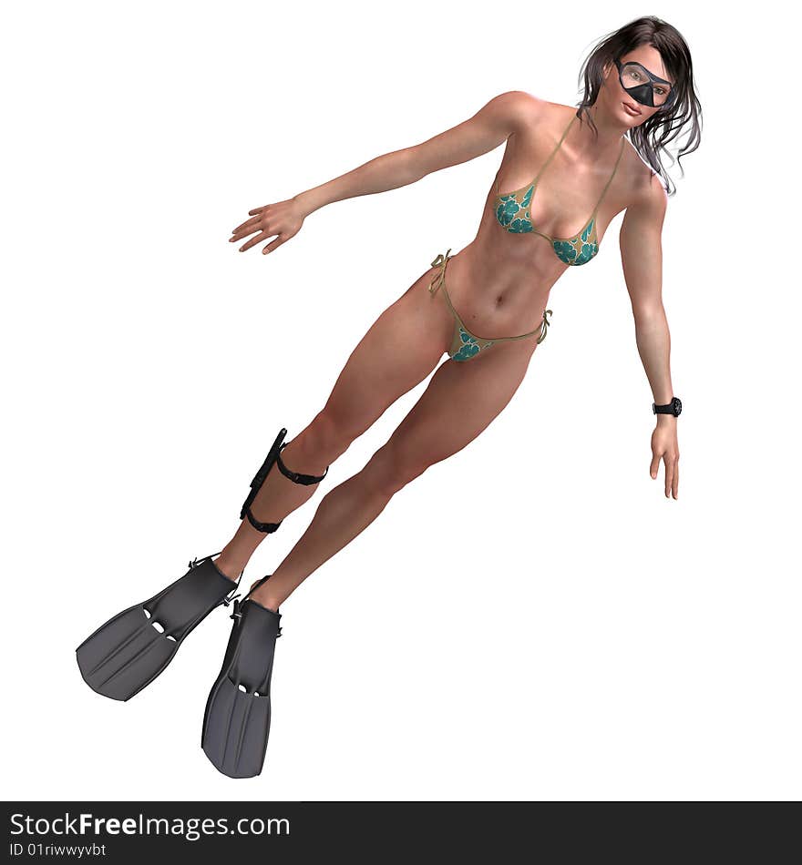 Female with diving glasses is siwmming. 3D render with clipping path and shadow over white. Female with diving glasses is siwmming. 3D render with clipping path and shadow over white