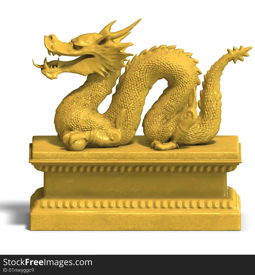 A golden dragon with a ball. 3D Render with clipping path and shadow over white. A golden dragon with a ball. 3D Render with clipping path and shadow over white