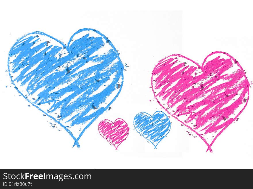 Blue and pink big and small doodle heart isolated. Blue and pink big and small doodle heart isolated