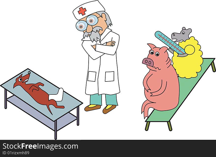 Veterinary cures dog. Pig and sheep sit on bench.