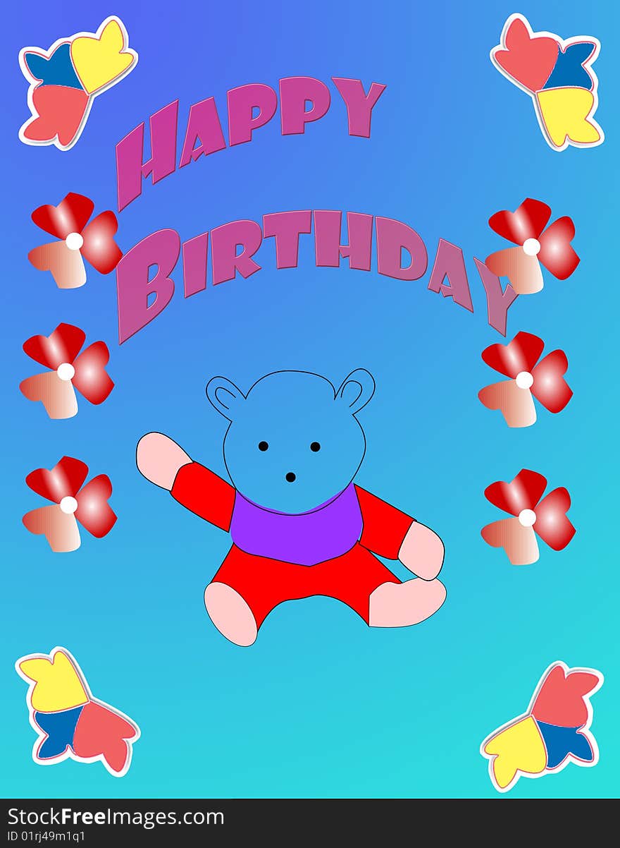 Birthday card with teddy Bear and flowers