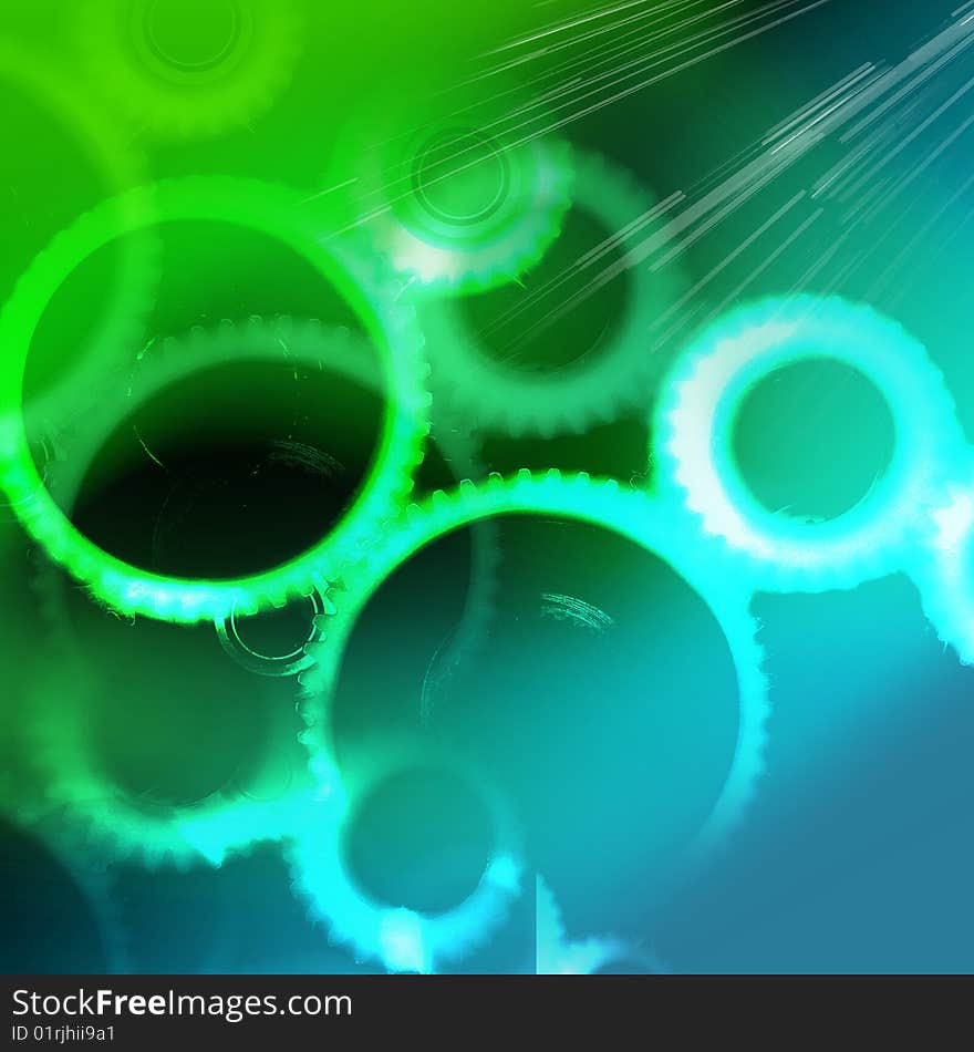 Closeup of gear pattern on green and blue background. Closeup of gear pattern on green and blue background