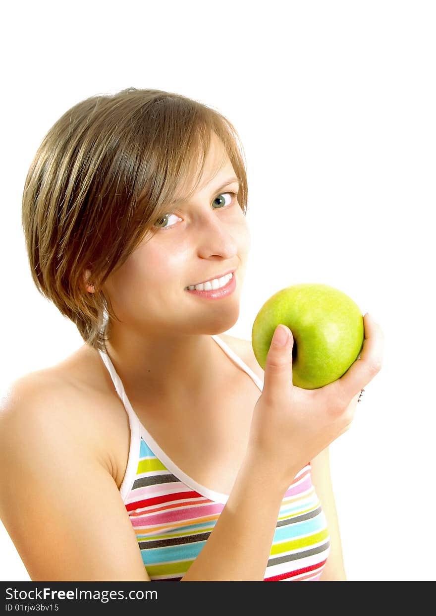 Smiling Girl With A Green Apple