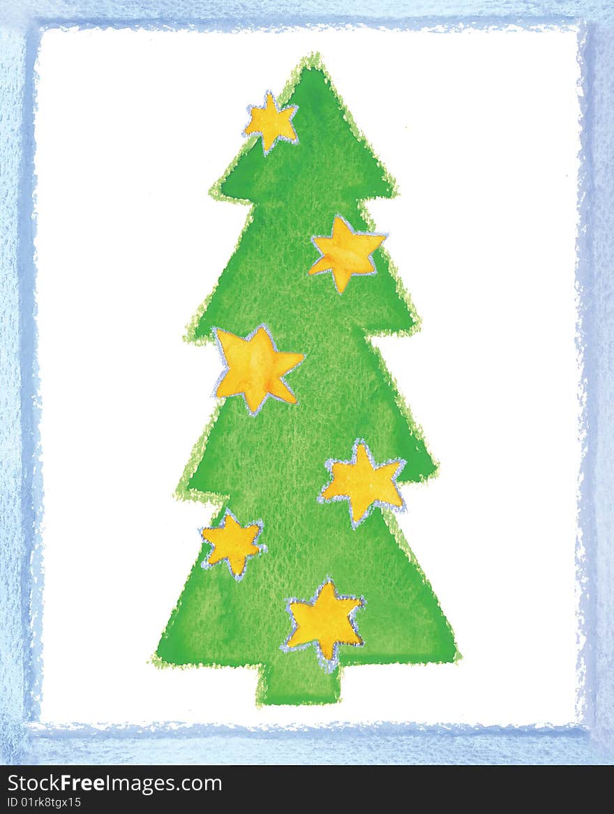 Beautiful fur-tree decorated by stars, a pastel an illustration