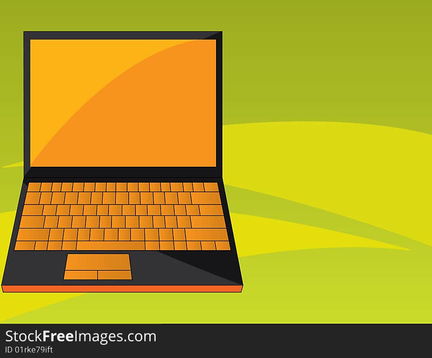 Orange - black open laptop in a green background. Orange - black open laptop in a green background