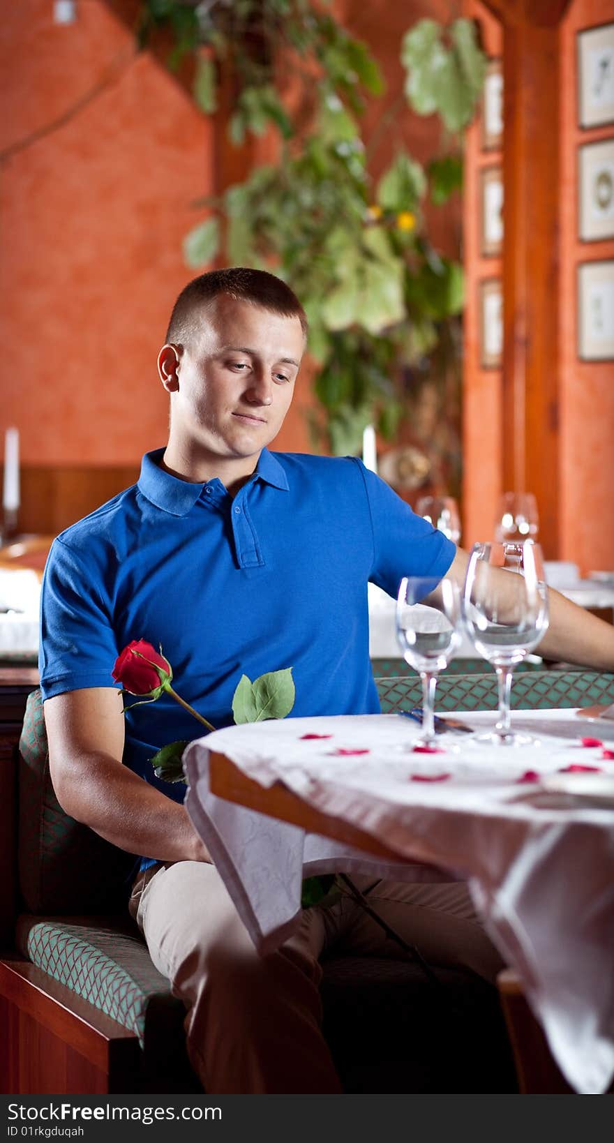 The Man With Red Rose  In Restaurant