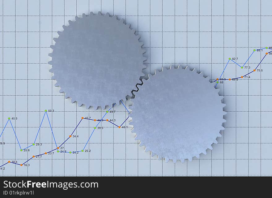 Blank coins with gears on rising chart. Blank coins with gears on rising chart