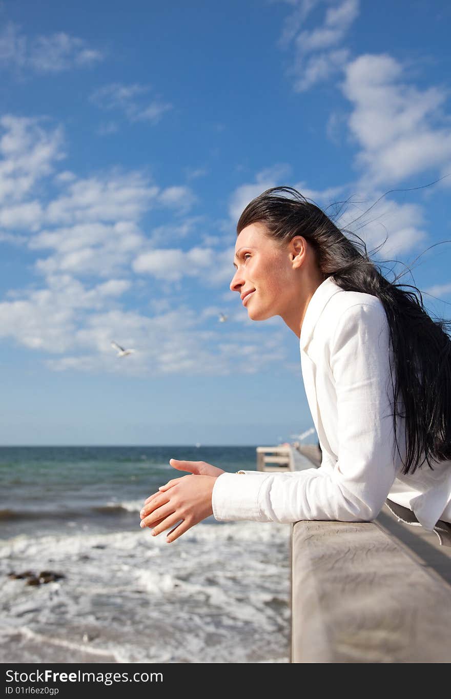 Brunette businesswoman with flying winday hair on boardwalk looking the wide coast space with flying seagulls in background feeling free. Brunette businesswoman with flying winday hair on boardwalk looking the wide coast space with flying seagulls in background feeling free