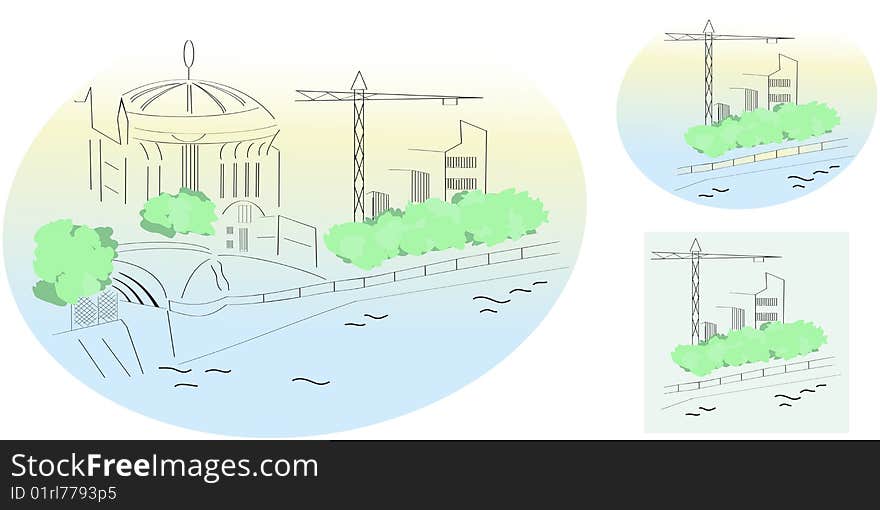 Silhouette of the construction towns near the river. Silhouette of the construction towns near the river