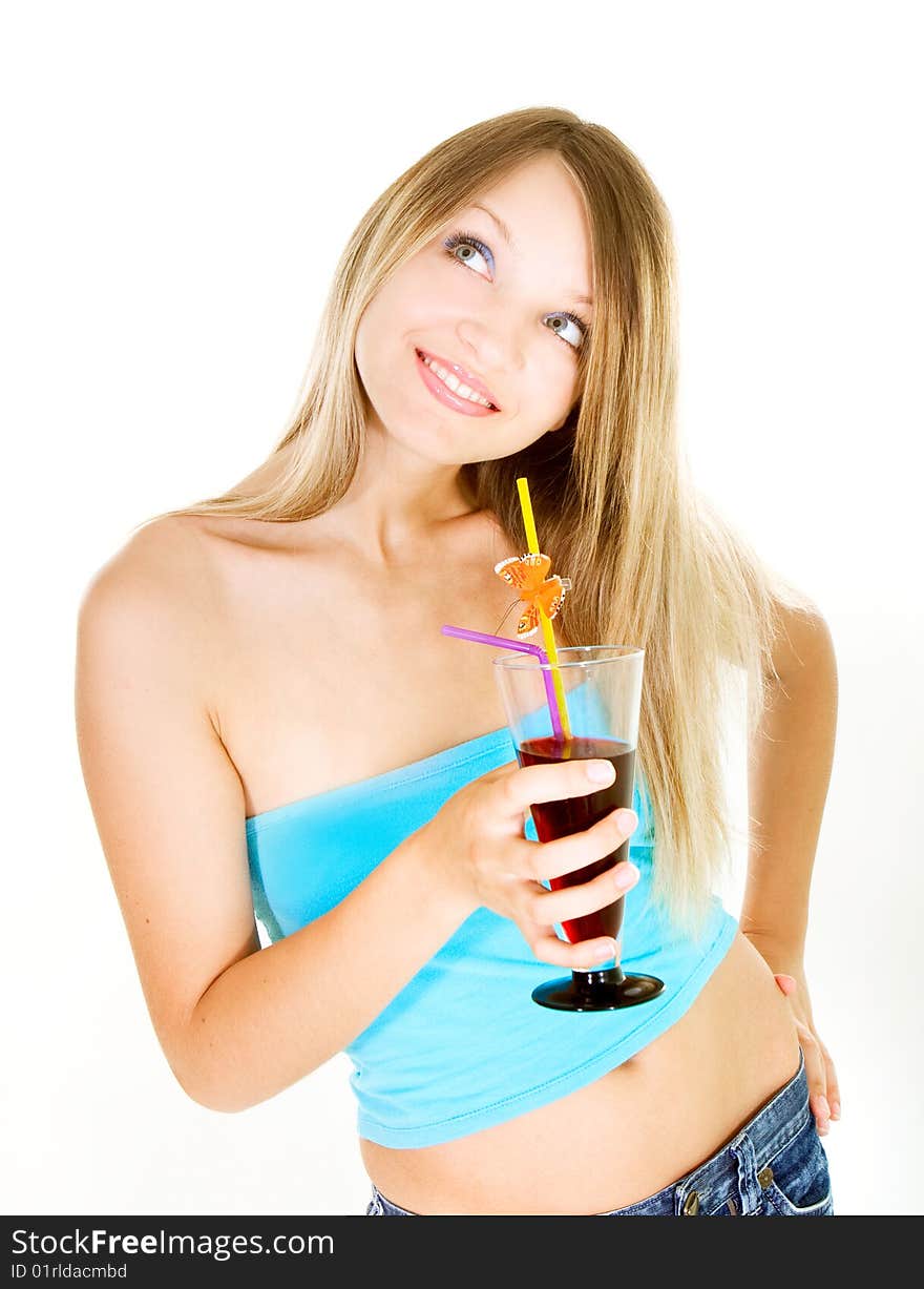 Attractive girl with glass of juice over white