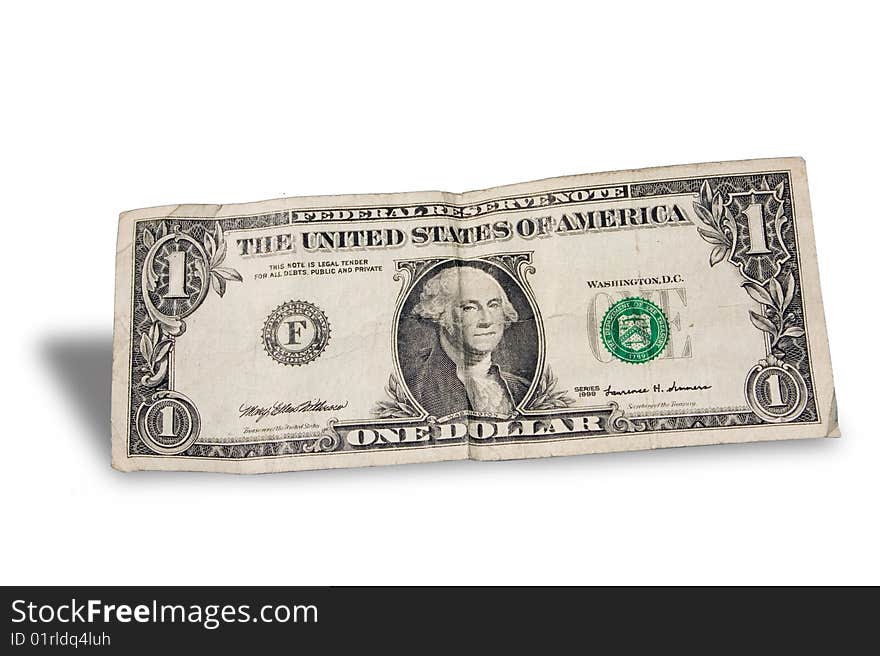 An old rumpled used dollar falling down. An old rumpled used dollar falling down