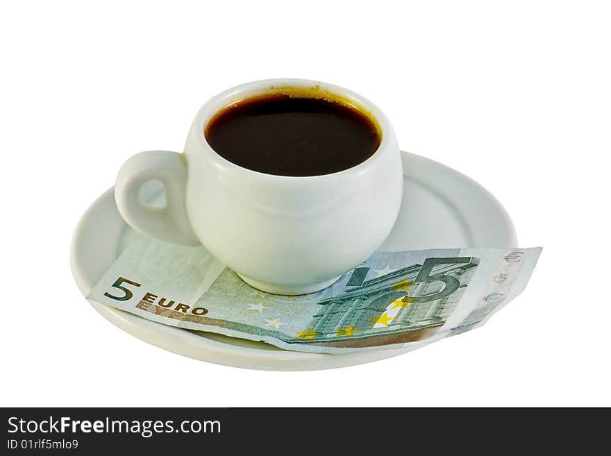 Cup of coffee at a five-euro notes