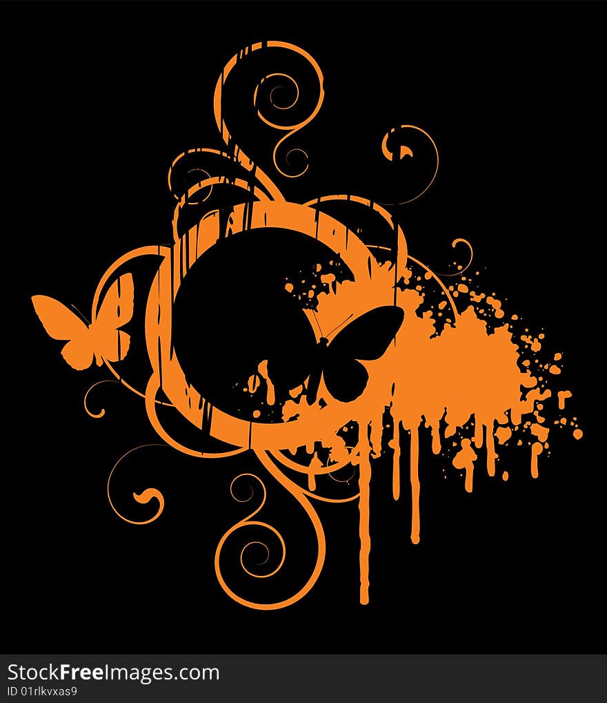 Orange abstract with butterfly on a black background