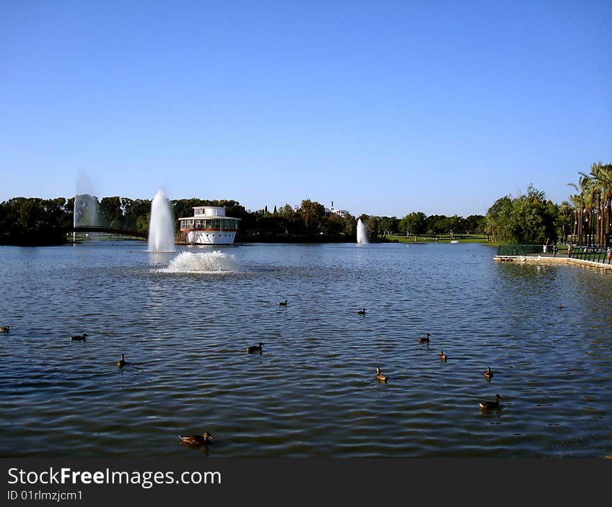 Lake and fountain  from park Leymi,Ramat Gan