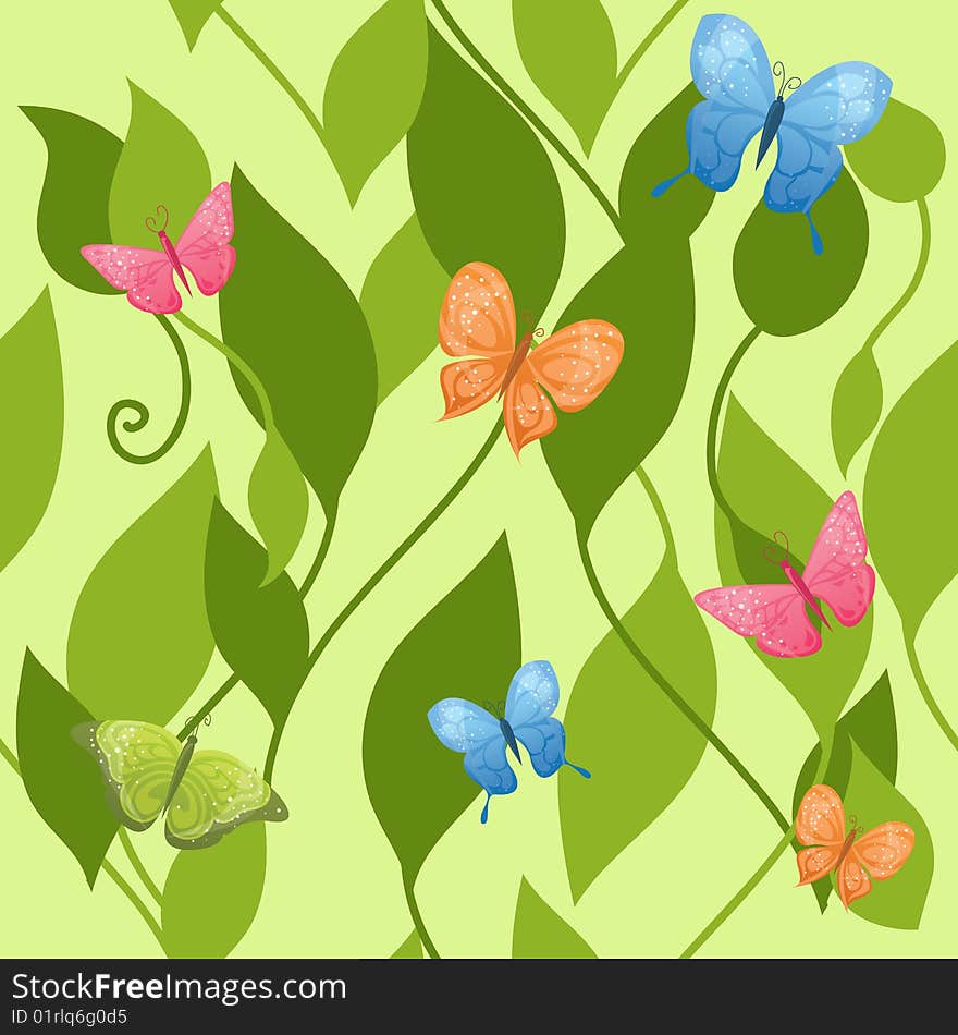 Seamless background with butterflies and leaves. Seamless background with butterflies and leaves