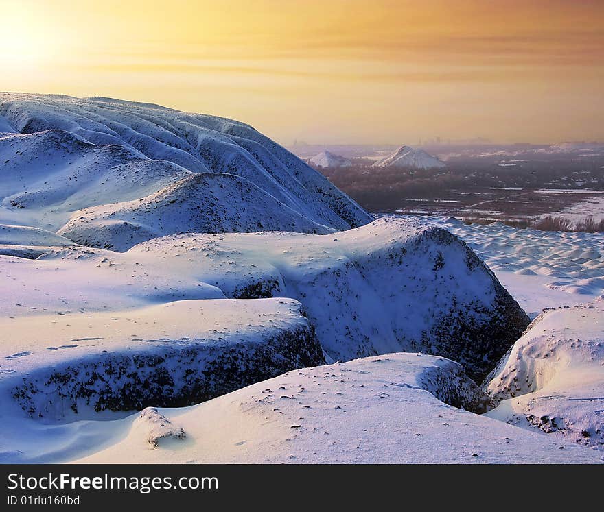 Winter sunset of the old mine