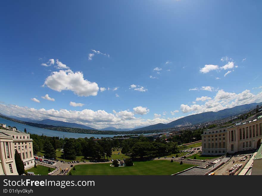 View of Lake Geneva from the United Nations in Geneva. View of Lake Geneva from the United Nations in Geneva.