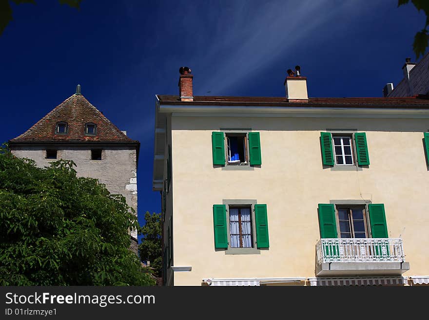 Pretty houses in the town of Nyon by Lake Geneva.