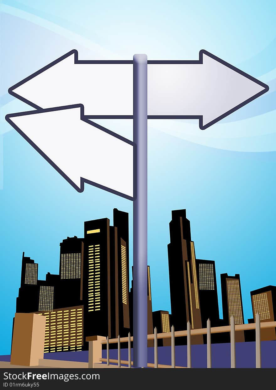 Direction sign in city background