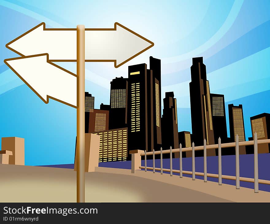 Direction sign in city background. Direction sign in city background