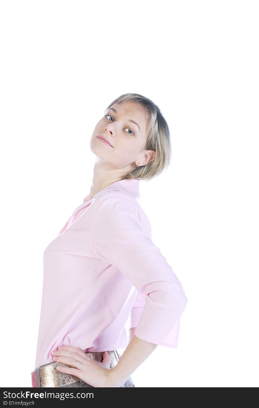 Young attractive blonde looking over her shoulder isolated over white. Young attractive blonde looking over her shoulder isolated over white