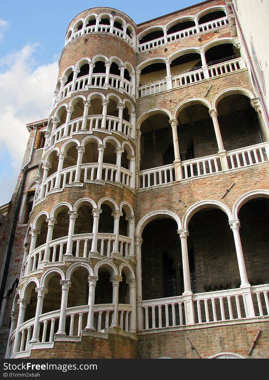 Venice snail tower with an exterior staircase