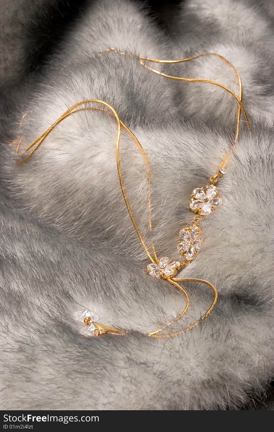 Beautiful golden chain on gray fur. Beautiful golden chain on gray fur