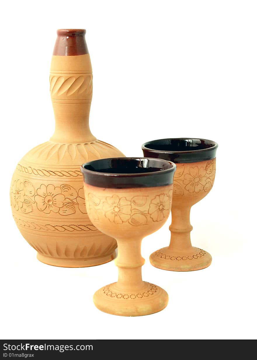 Pottery wine bottle and glasses