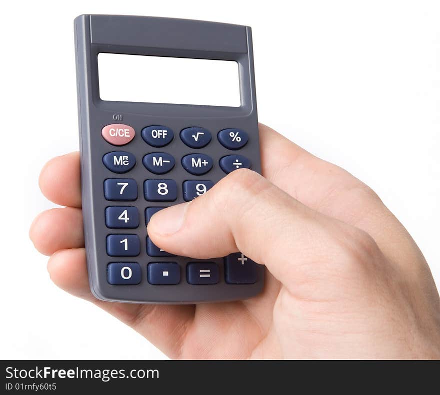 Hands Holding a Calculator. Isolated on white