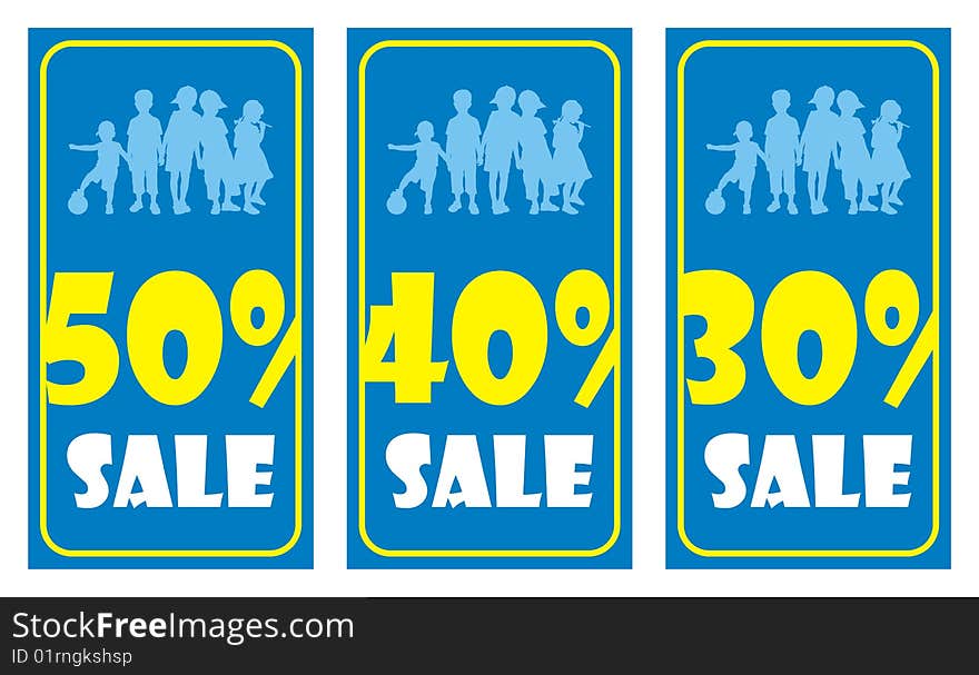 Composition from three pictures. On them silhouettes of children and percent are represented. Inscription SALE is below located. Composition from three pictures. On them silhouettes of children and percent are represented. Inscription SALE is below located.