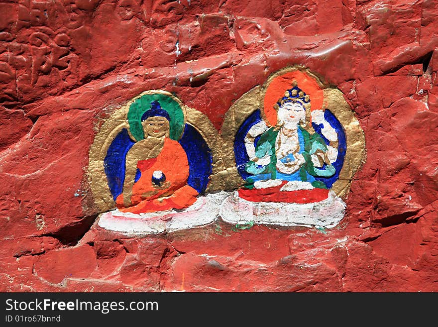 Buddha mural paintings in tibet,china.