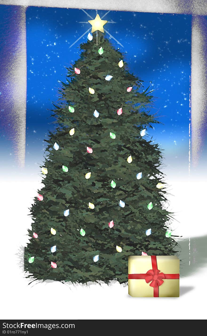 Christmas Tree with lights, Star and one present in snow scene