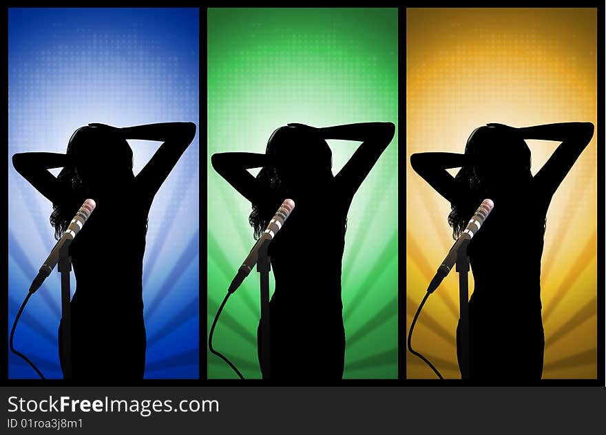 Silhouette and microphone of a lady performer singing. Silhouette and microphone of a lady performer singing