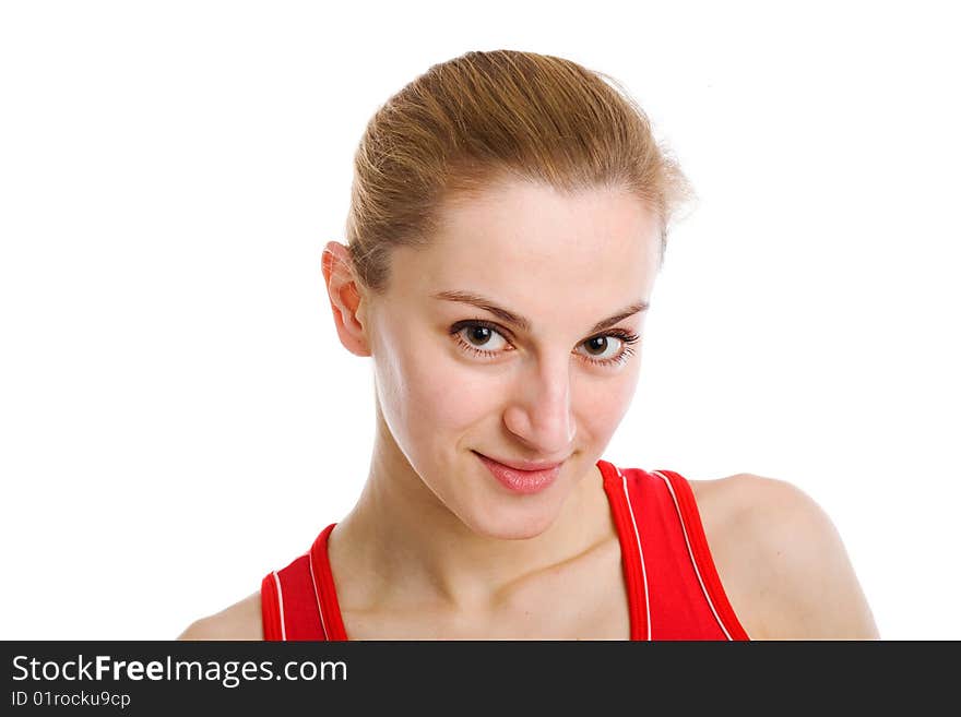 A Sporty Blonde In Red Leotard