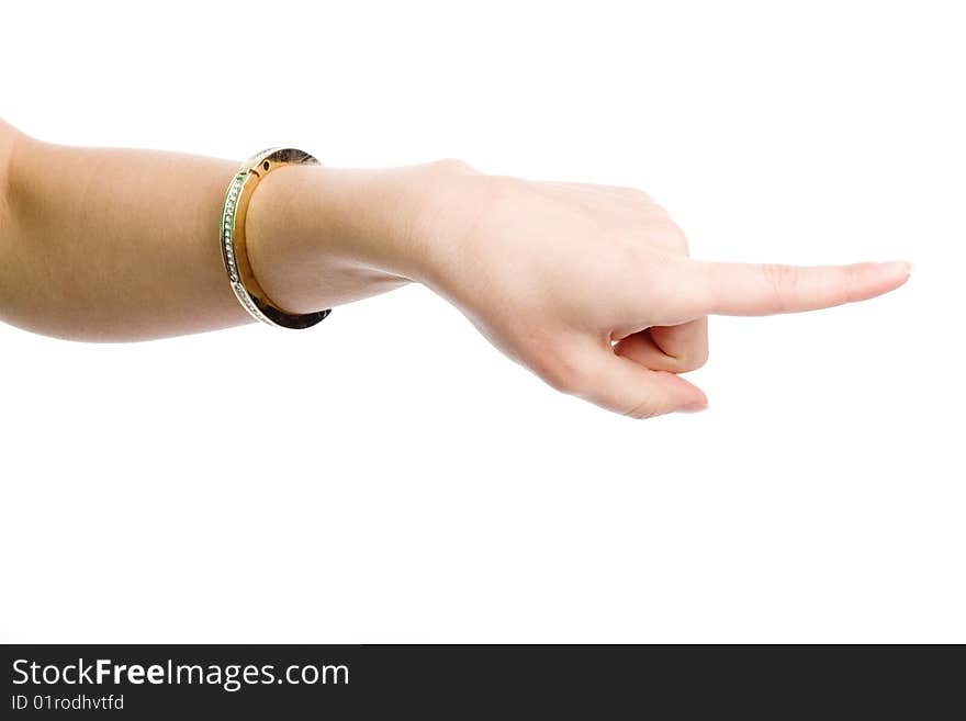 Female hand demonstrating gesture on the white background. Female hand demonstrating gesture on the white background