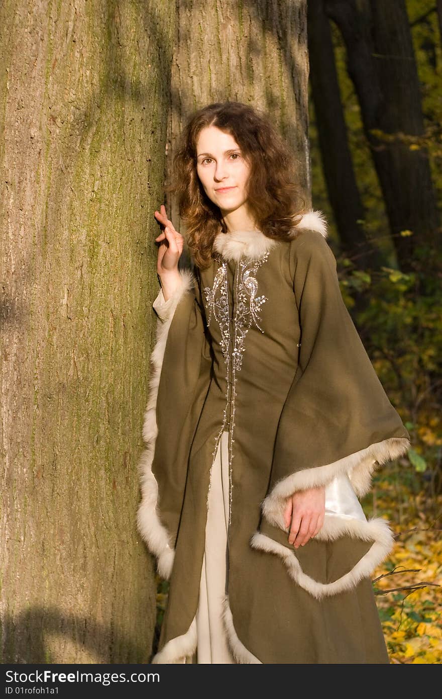 Lady in medieval brown dress in the forest. Lady in medieval brown dress in the forest