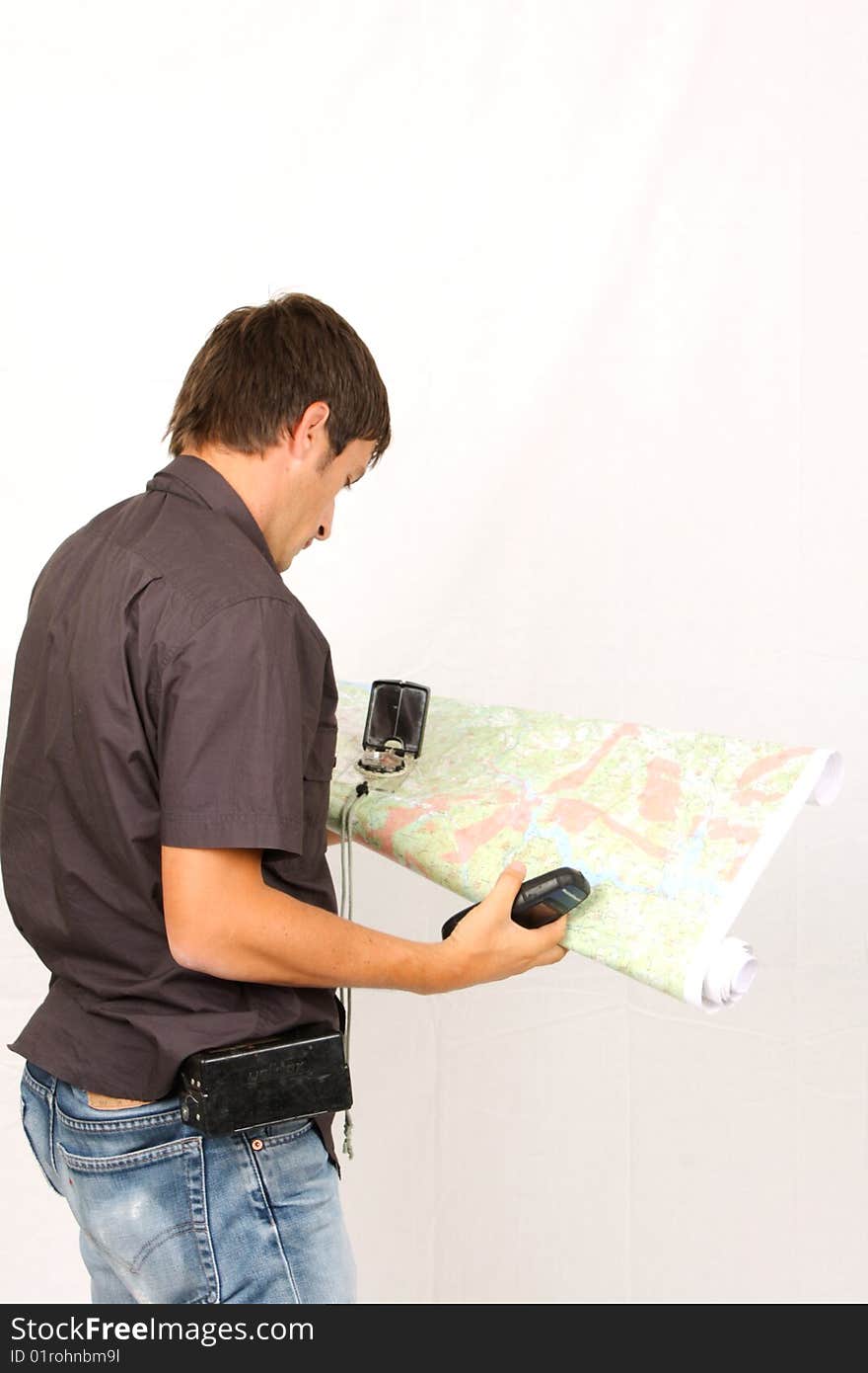 Cartographer using compass and GPS isolated. Cartographer using compass and GPS isolated