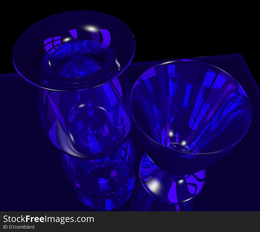 Blue glass vase and goblet