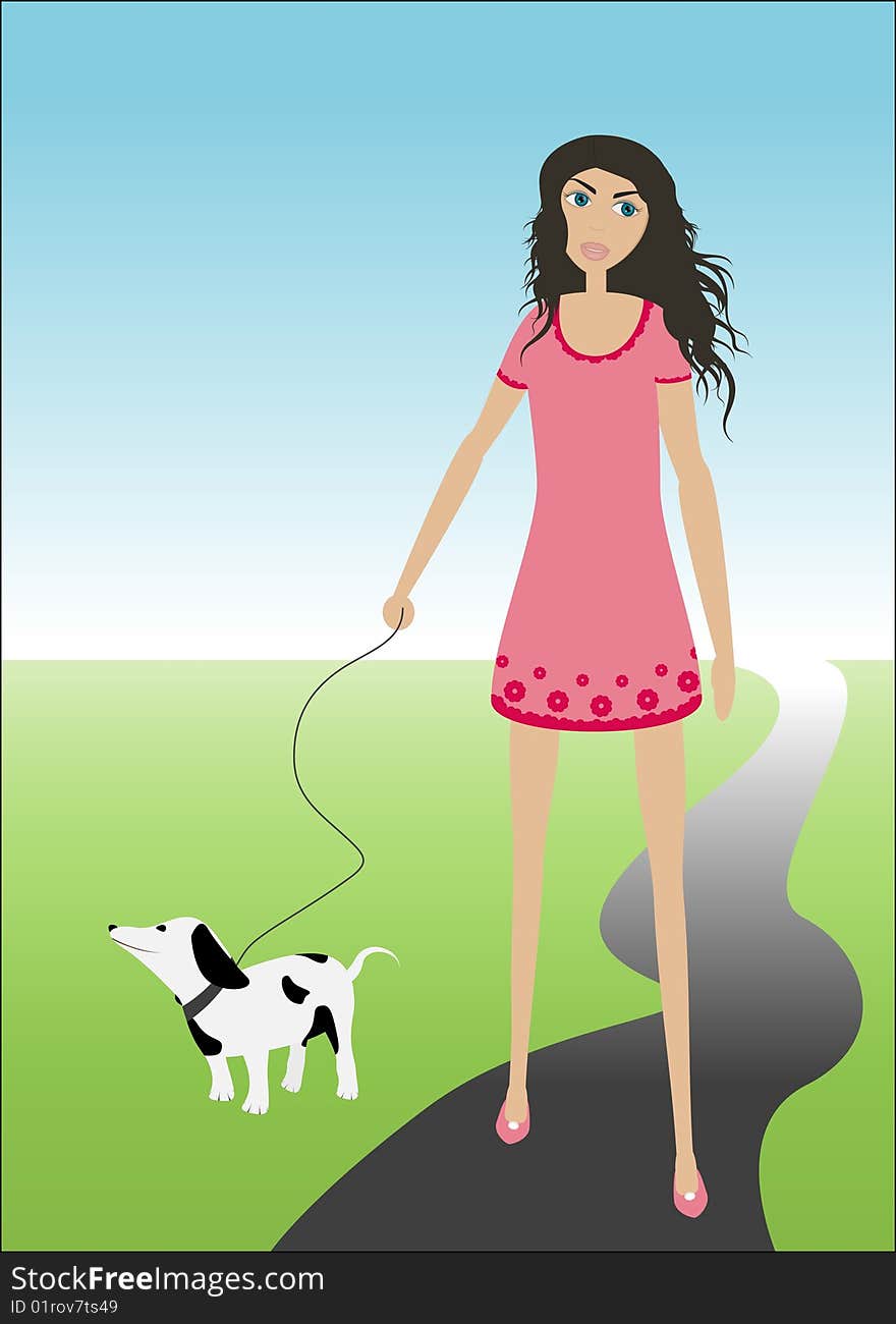 Girl is walkin with dog